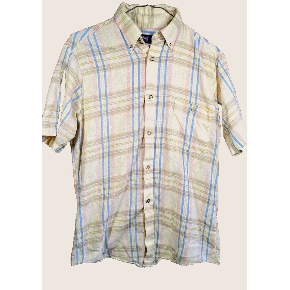 Vintage Mens Shirt S Par Four Sportswear Button Pastel Plaid USA Preppy Hipster